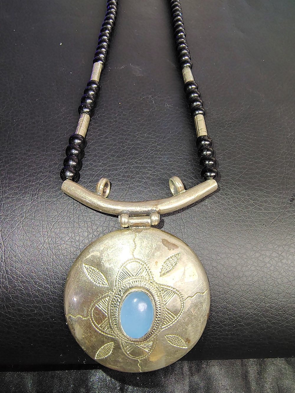 Silver-Tone Pendant Necklace with Blue Cabochon